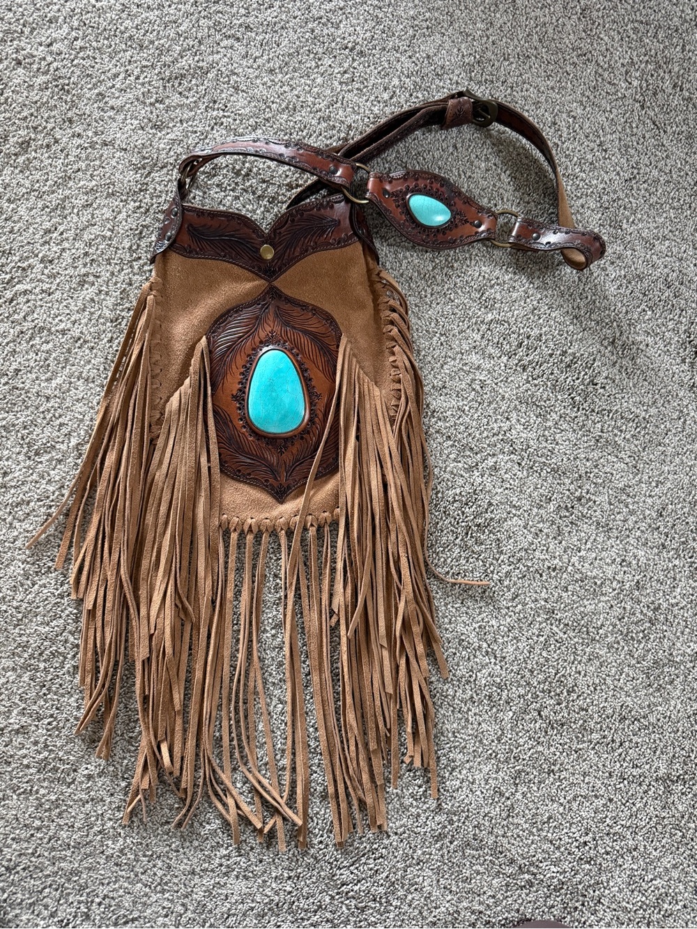 SUEDE FRINGE BAG WITH TURQUOISE STONES